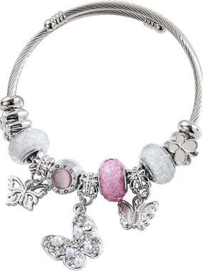 Pink Butterfly Charm Bracelets Exquisite Cute Cartoon Friendship Silver Bracelet
